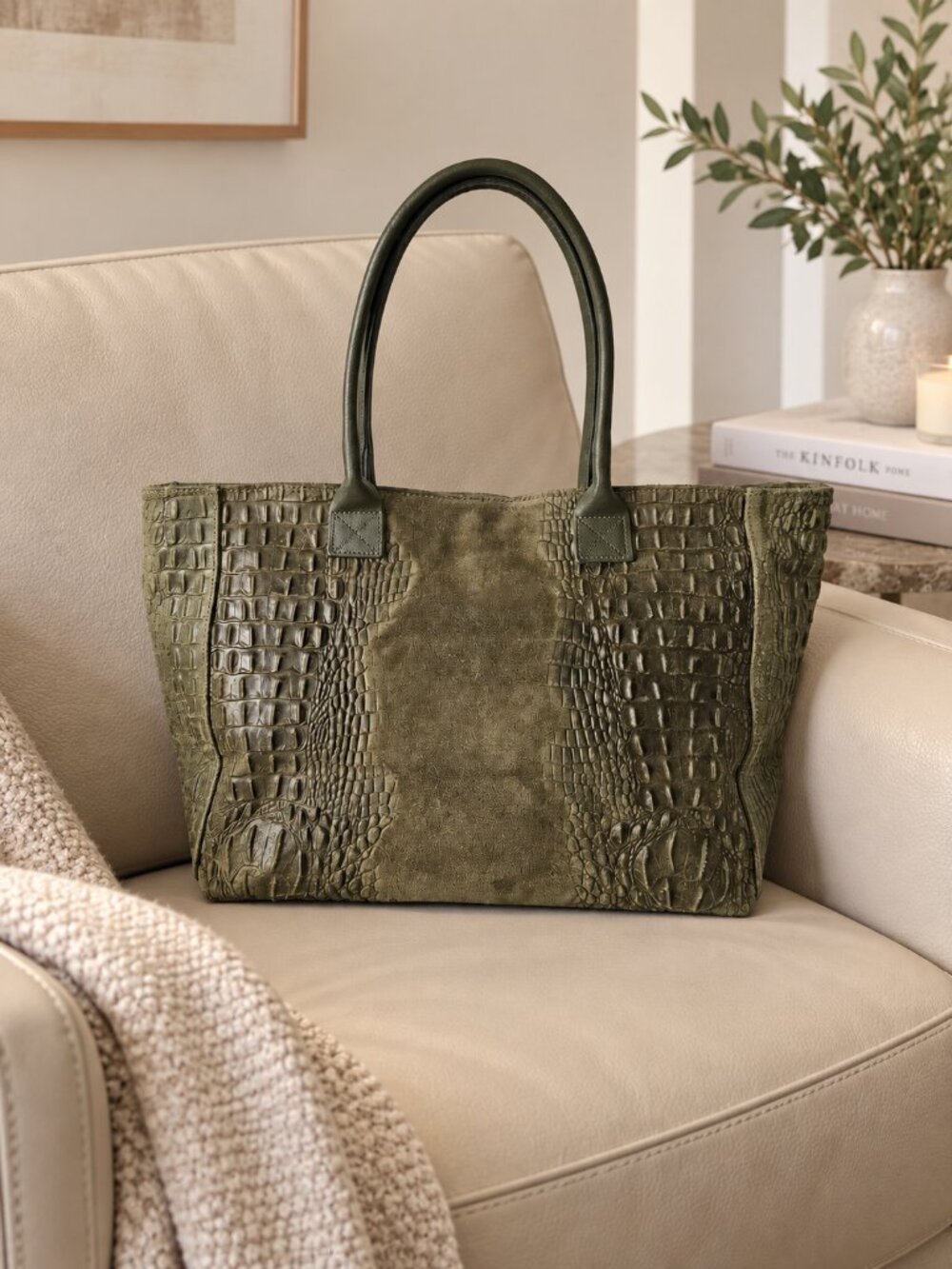 Olive Green Suede Tote Bag, Large Italian Leather Shopper, Croc Embossed Purse